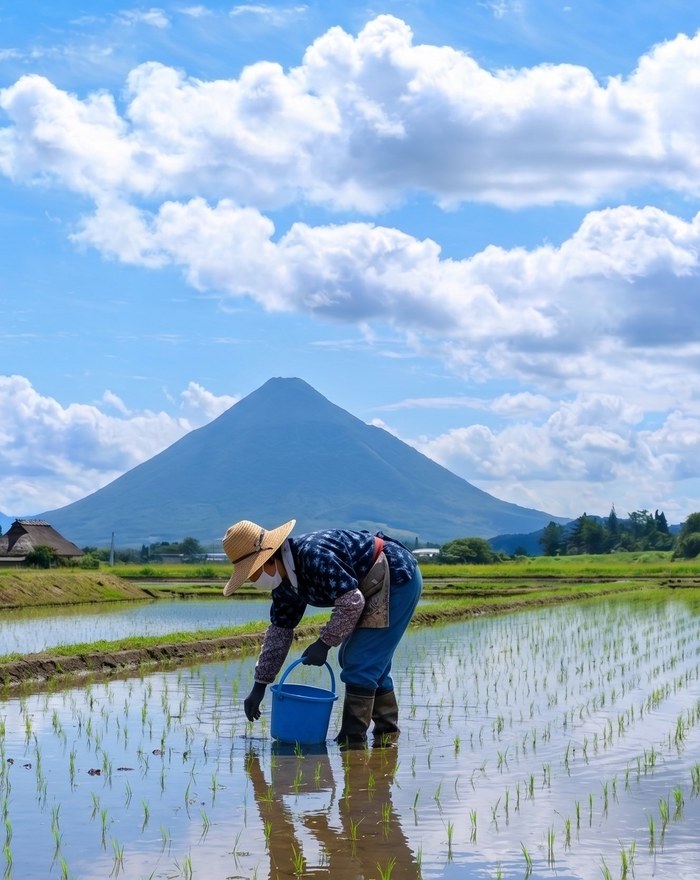 鹿児島の水田で作業する日本の農家